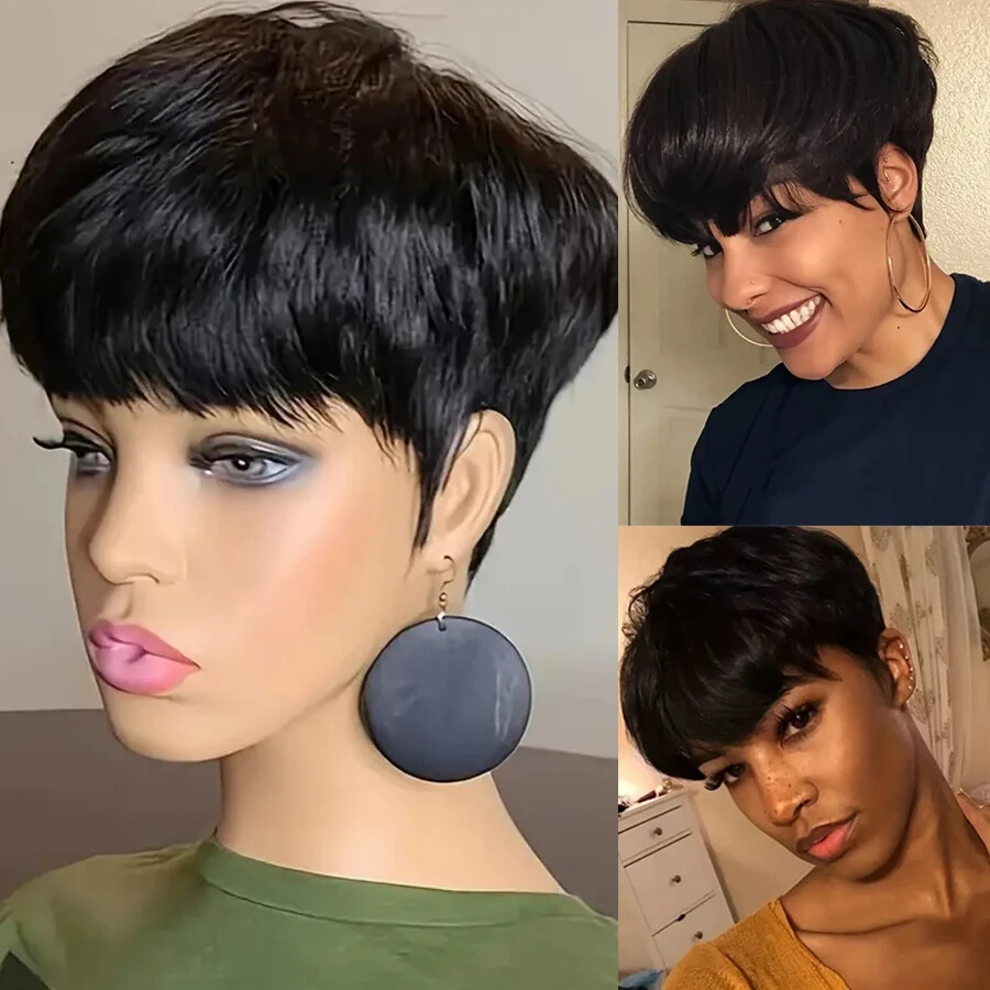 Women Pixie Cut Black Short Bob Wigs Brazilian None Lace Hairstyles Natural Wigs