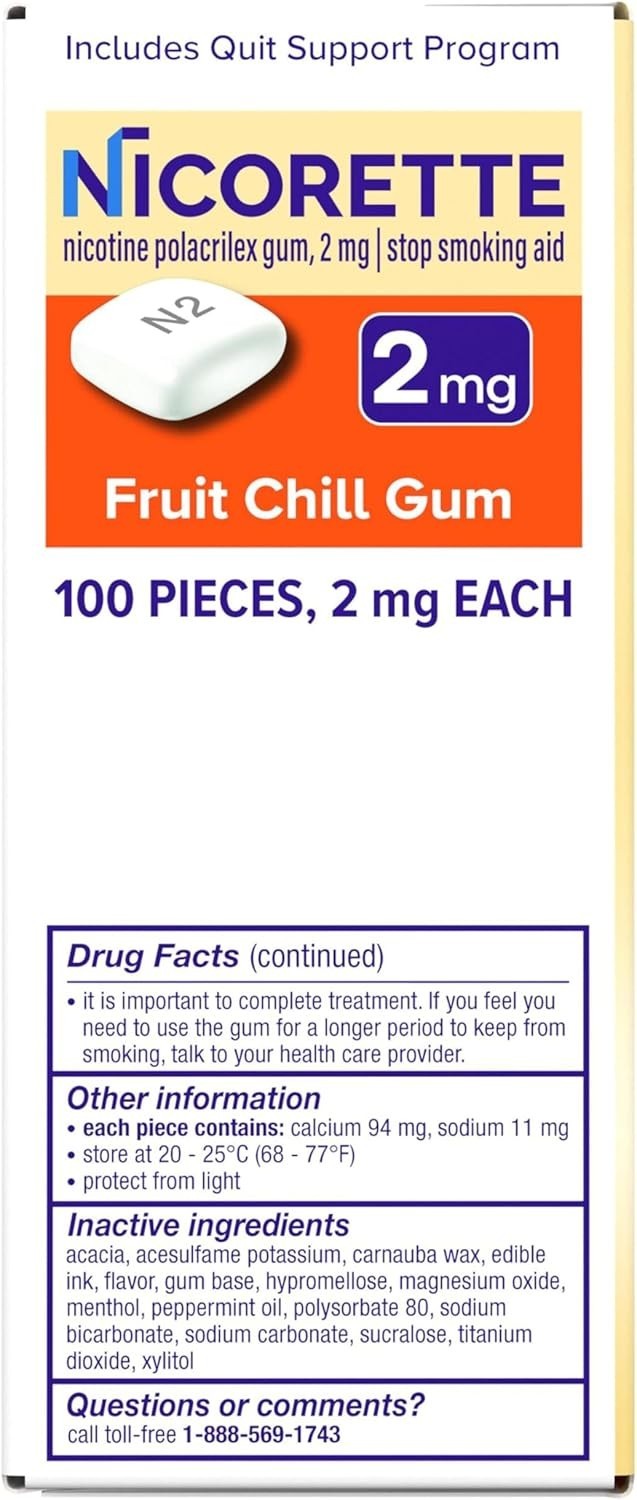 Nicorette Nicotine Gum Stop Smoking Aid 2 mg Fruit Chill Flavor – 200 Count