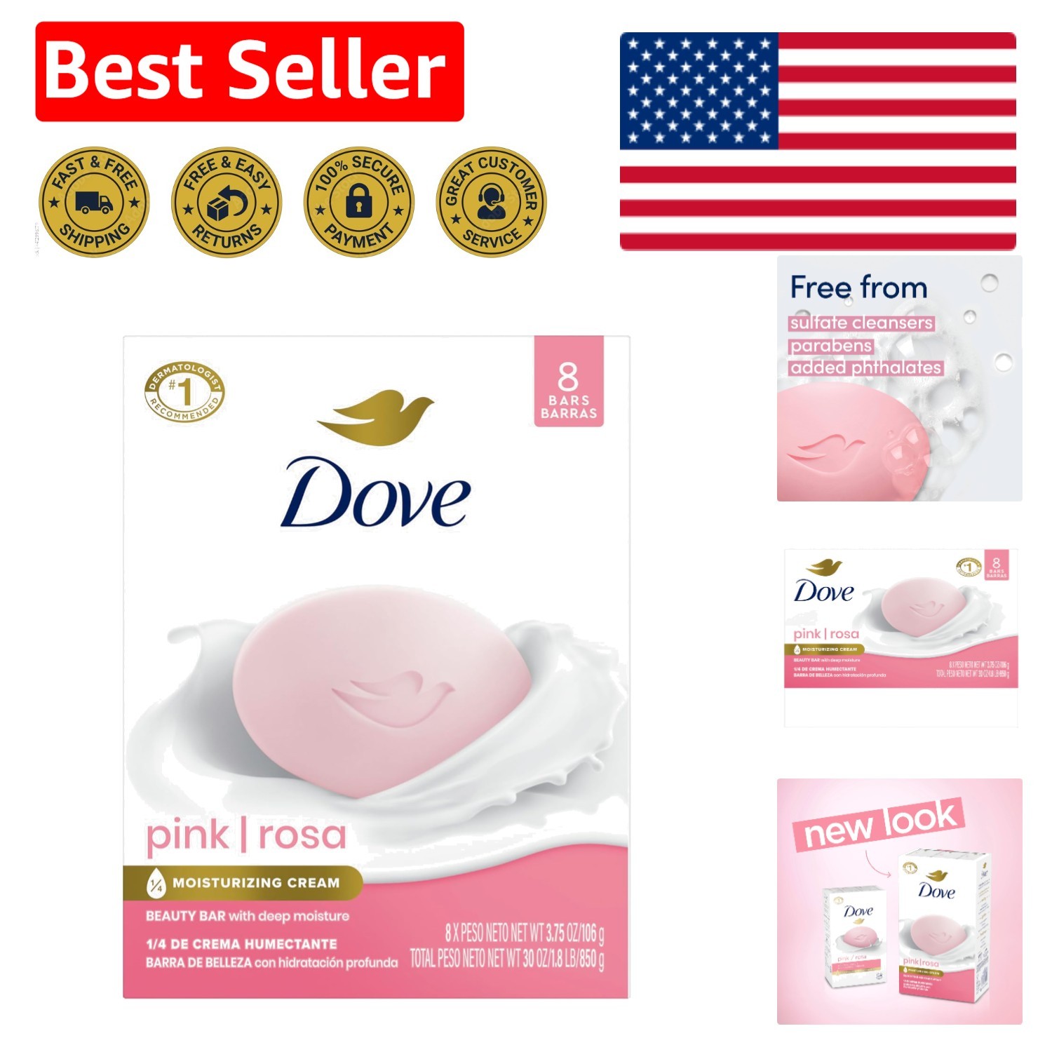Pink Rosa Moisturizing Beauty Bar Soap – 8 Bars for Soft, Radiant Skin 3.75oz