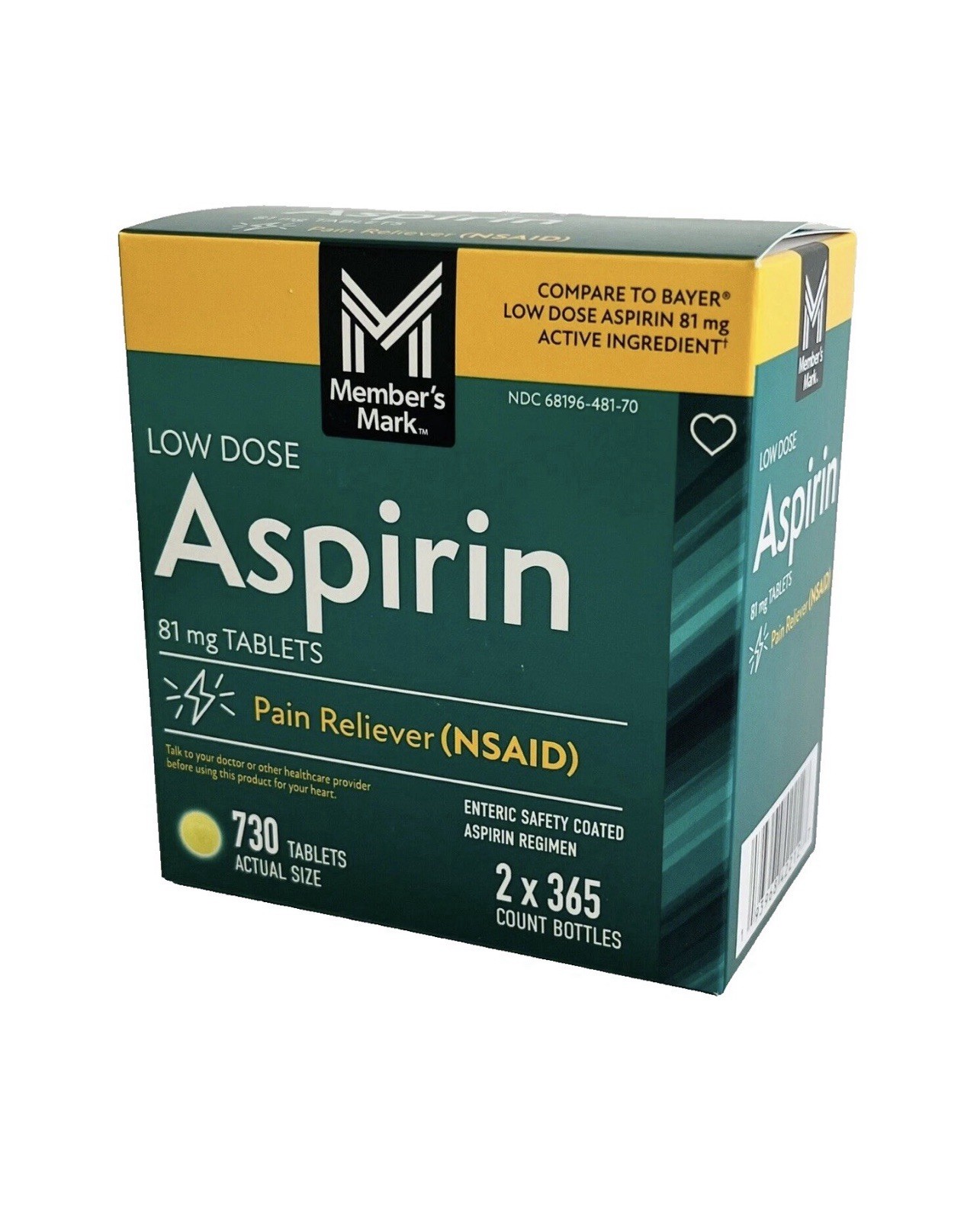 Member’s Mark Low Dose Aspirin 81mg x2 365 Ct BOTTLES, 730 Tabs~Compare to Bayer