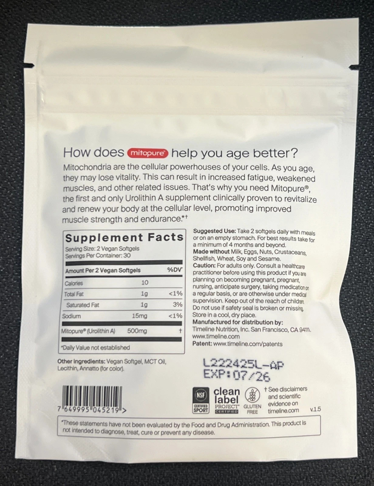 New Time-Line Longevity Supplement Mitopure Urolithin A 60 Softgels Exp 7/2027
