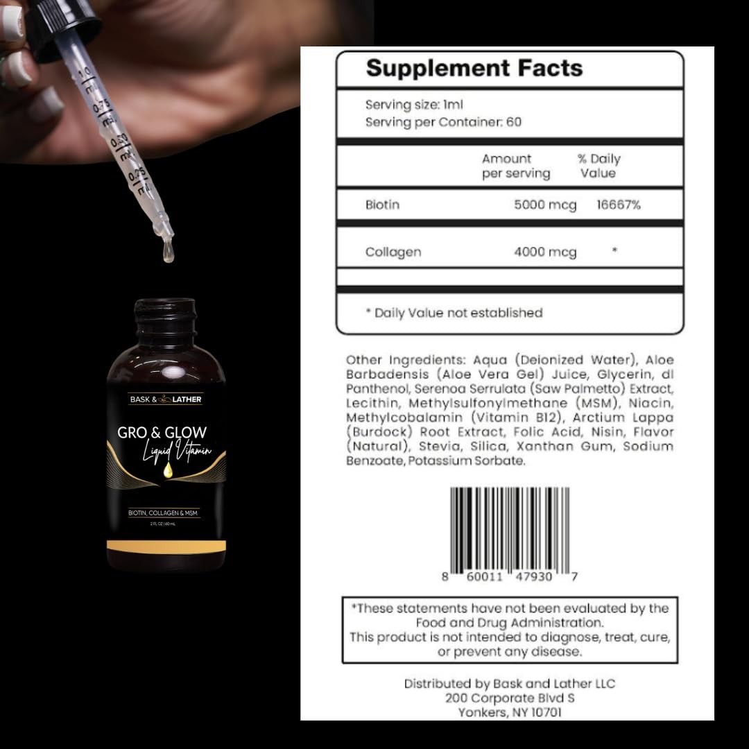 Liquid Vitamin Collagen Biotin MSM Beauty Supplement 2 Fl Oz BASK LATHER Glow