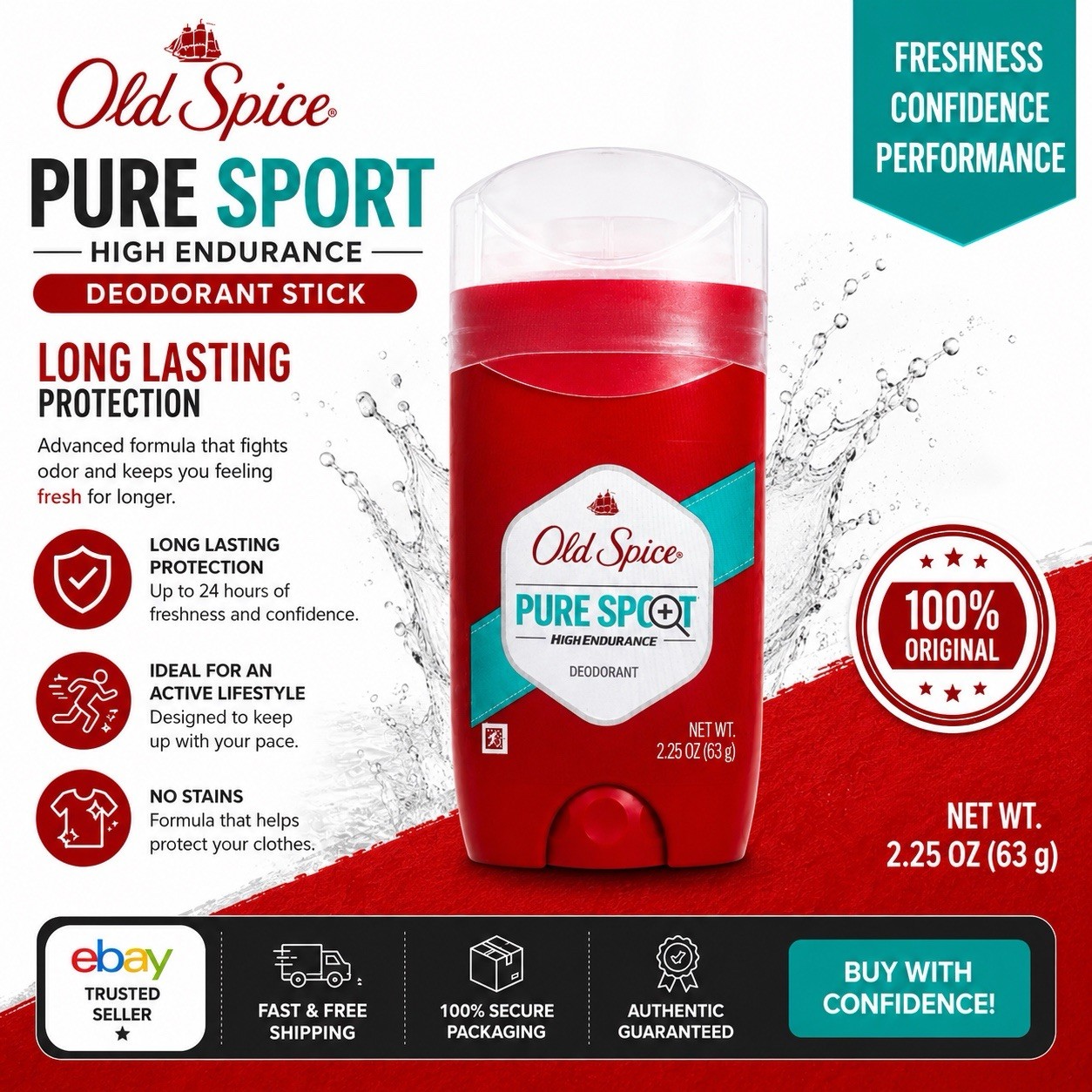 6 PACK Old Spice Mens Deodorant High Endurance Pure Sport Aluminum Free – 3 oz