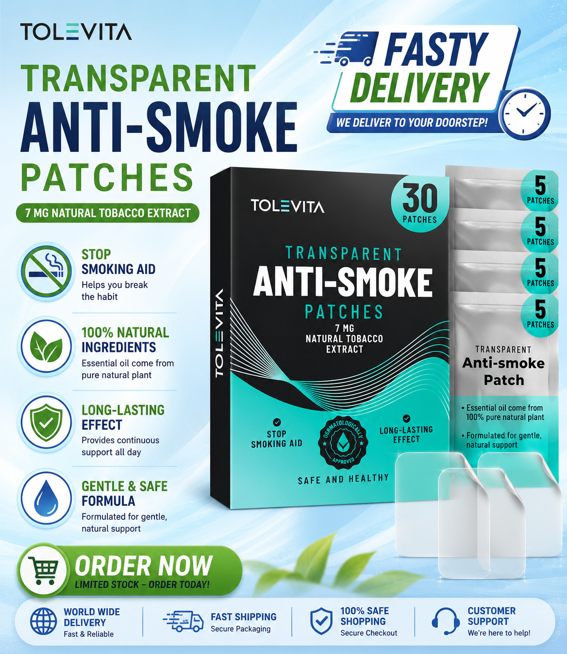 TOLEVITA Anti Smoke Herbal Patches, Quit Smoking Aid, Reduce Cravings, 30 Patche