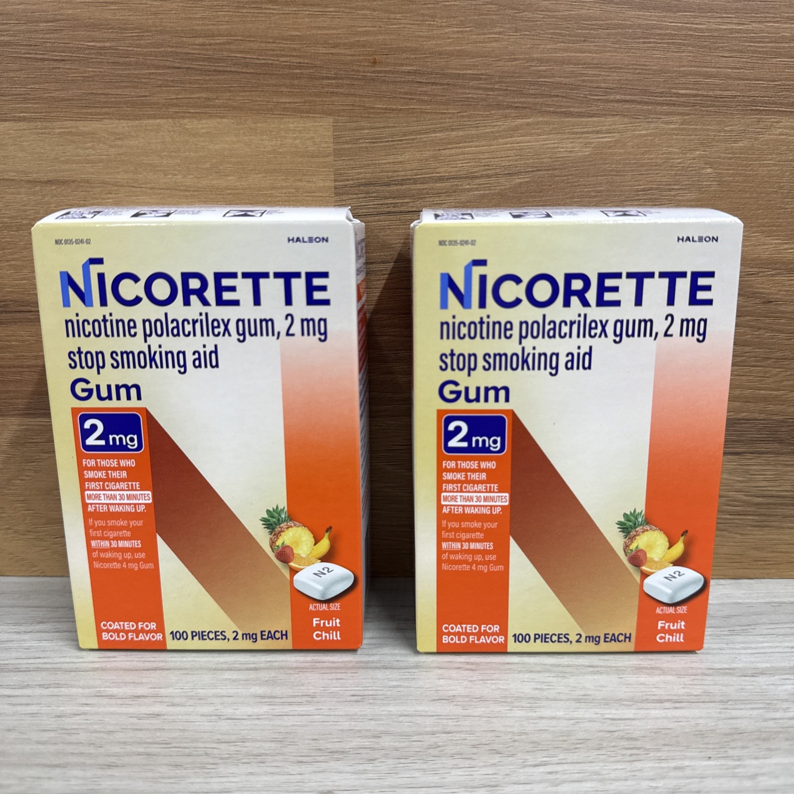 2 Packs Nicorette Nicotine Gum 2mg Fruit Chill 100 Pcs (200 Total) Exp 05/2028