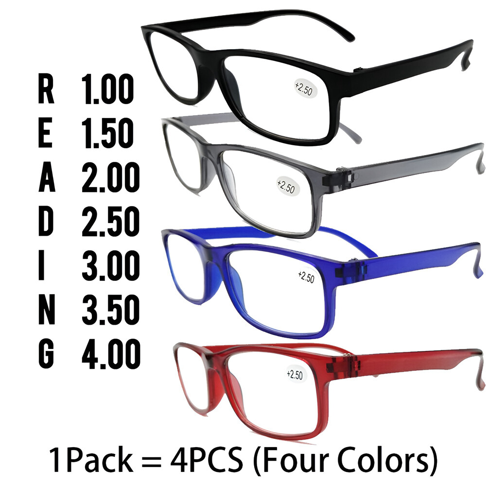 4 Pair Rectangular Power Reading Reader Glasses For Mens Womens 1-3