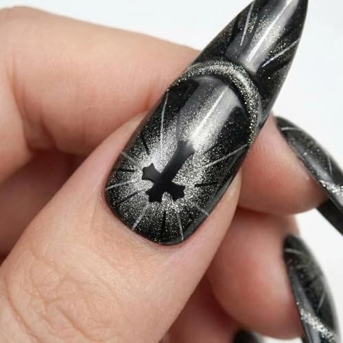 Gothic Press On Nails – 1.6in Ultra Long Stiletto Almond, Black 3D Cat Eye Desig