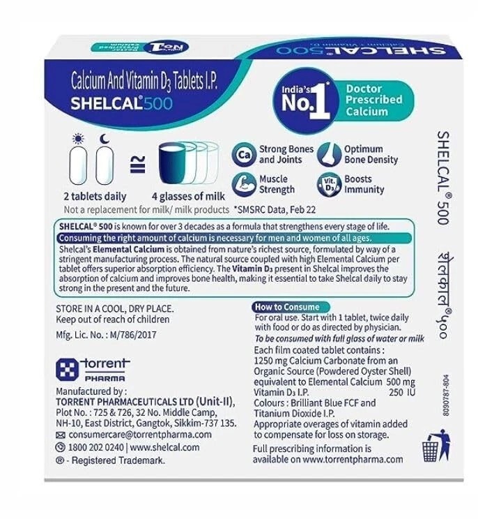 Shelcal 500 Calcium+Vitamin D3 Tablet For Bones, Joints & Muscles Care (60 Tabs)