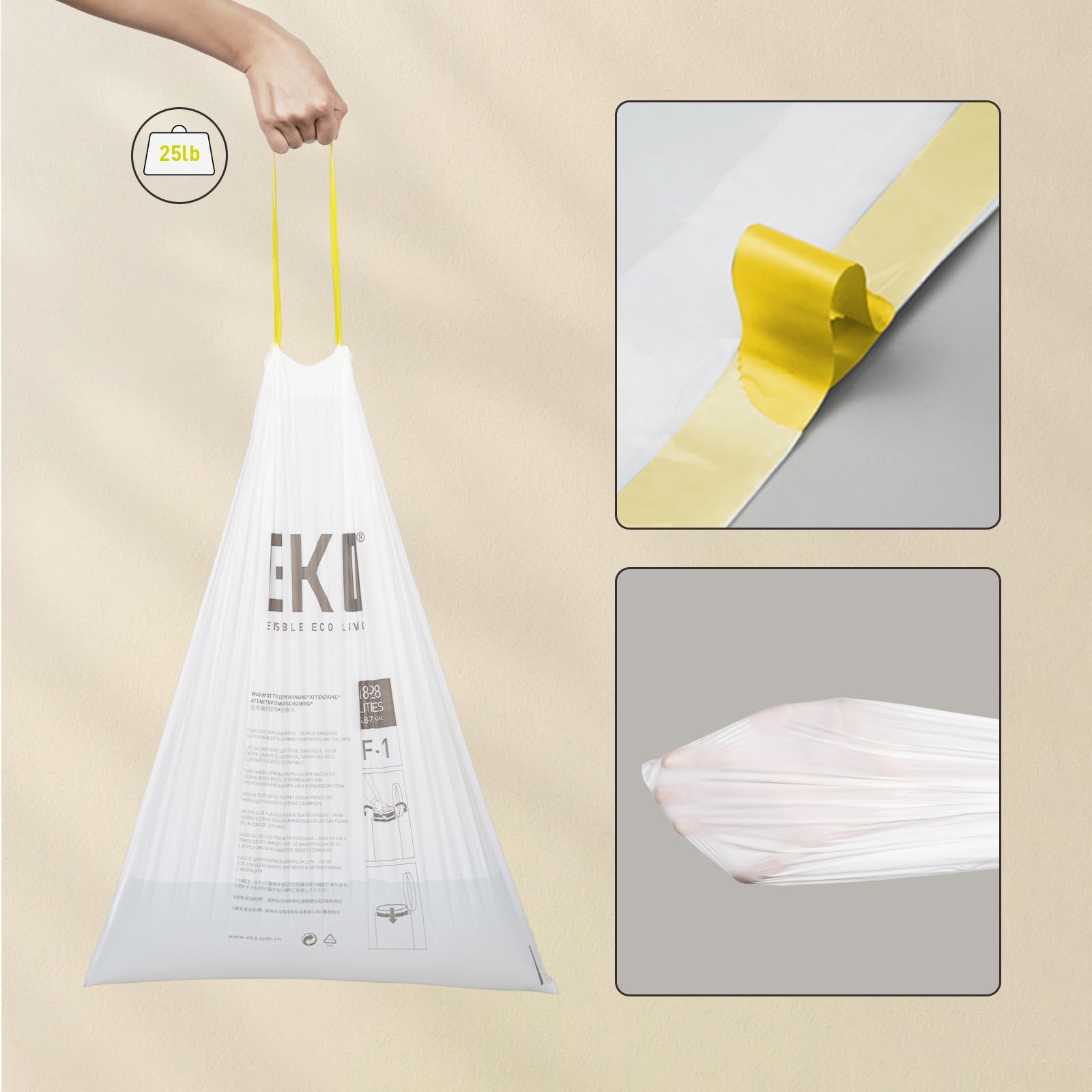 EKO 8 Gallon / 30.3 Liter, 60 Count Drawstring 20 (Pack of 3), White