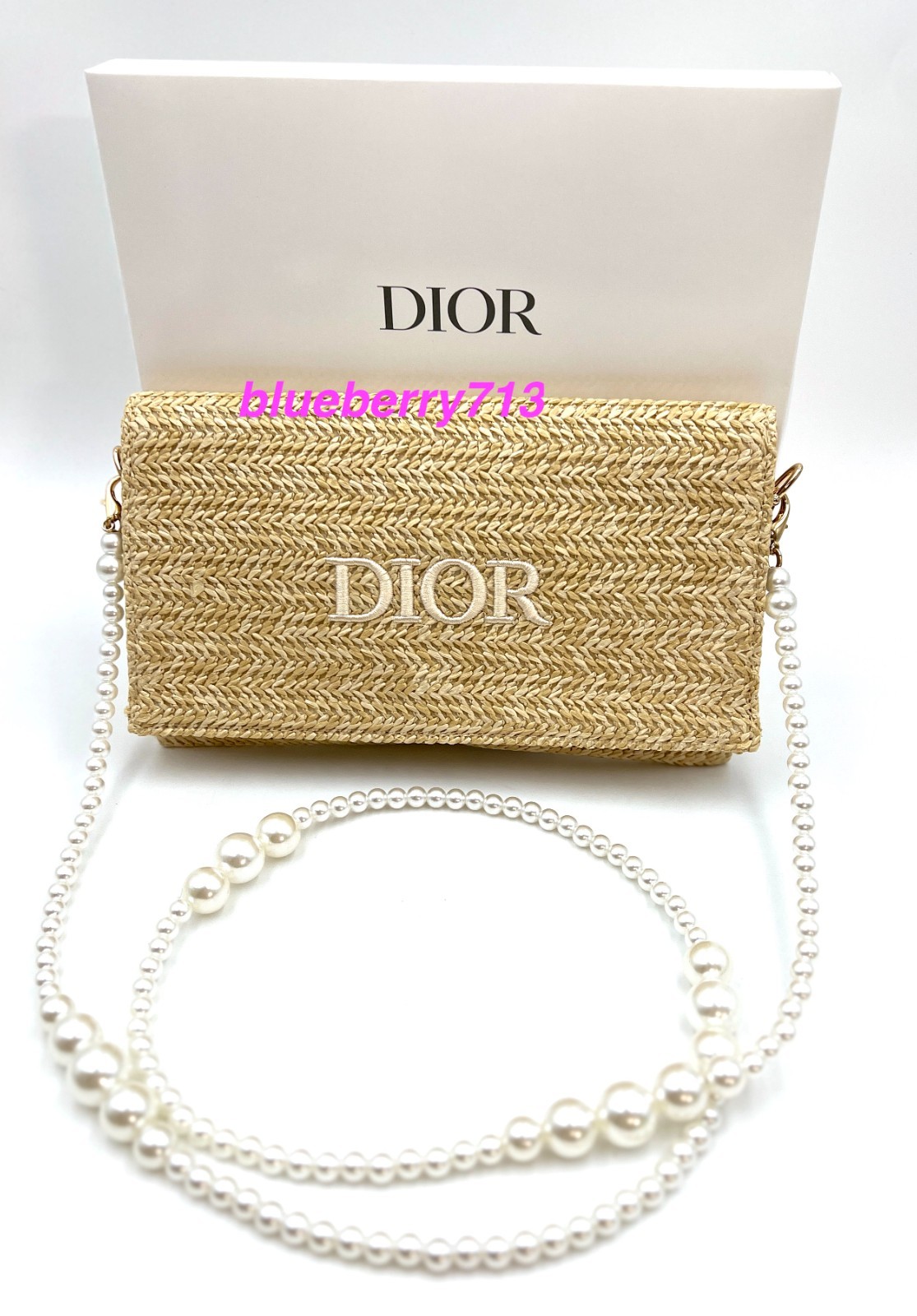 New! D ior Straw Beige Makeup Zipper Bag with Chain