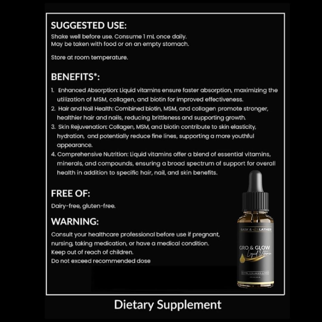 Liquid Vitamin Collagen Biotin MSM Beauty Supplement 2 Fl Oz BASK LATHER Glow