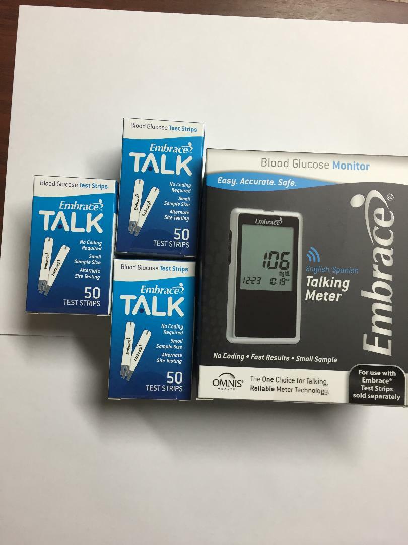 Embrace Blood Glucose 150 Test Strips And TALKING METER NO CODING Exp: 5/01/2025
