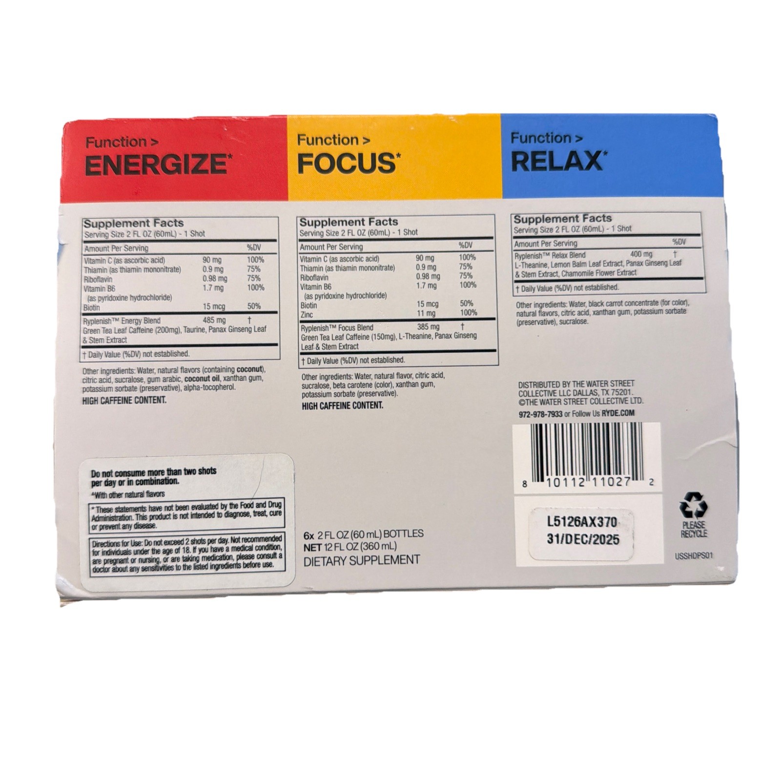 Ryde: Your Rhythm Shots 2.02 fl oz Energize Focus Relax 6 Pack 3 Flavors 12/2025