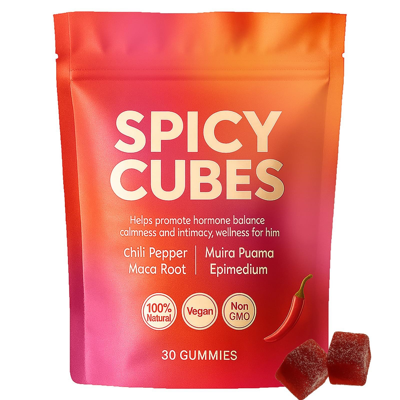 Spicy Cubes Hot Peach Gummies With Chili Pepper, Maca Root And Muira Puama Gummy