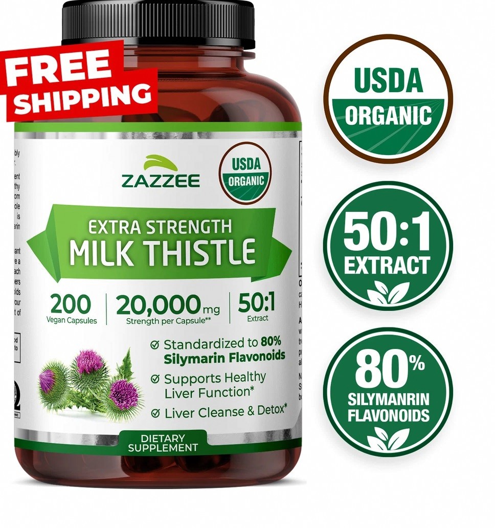 Zazzee Organic Milk Thistle Extract 20,000 mg Strength, 200 Vegan Capsules