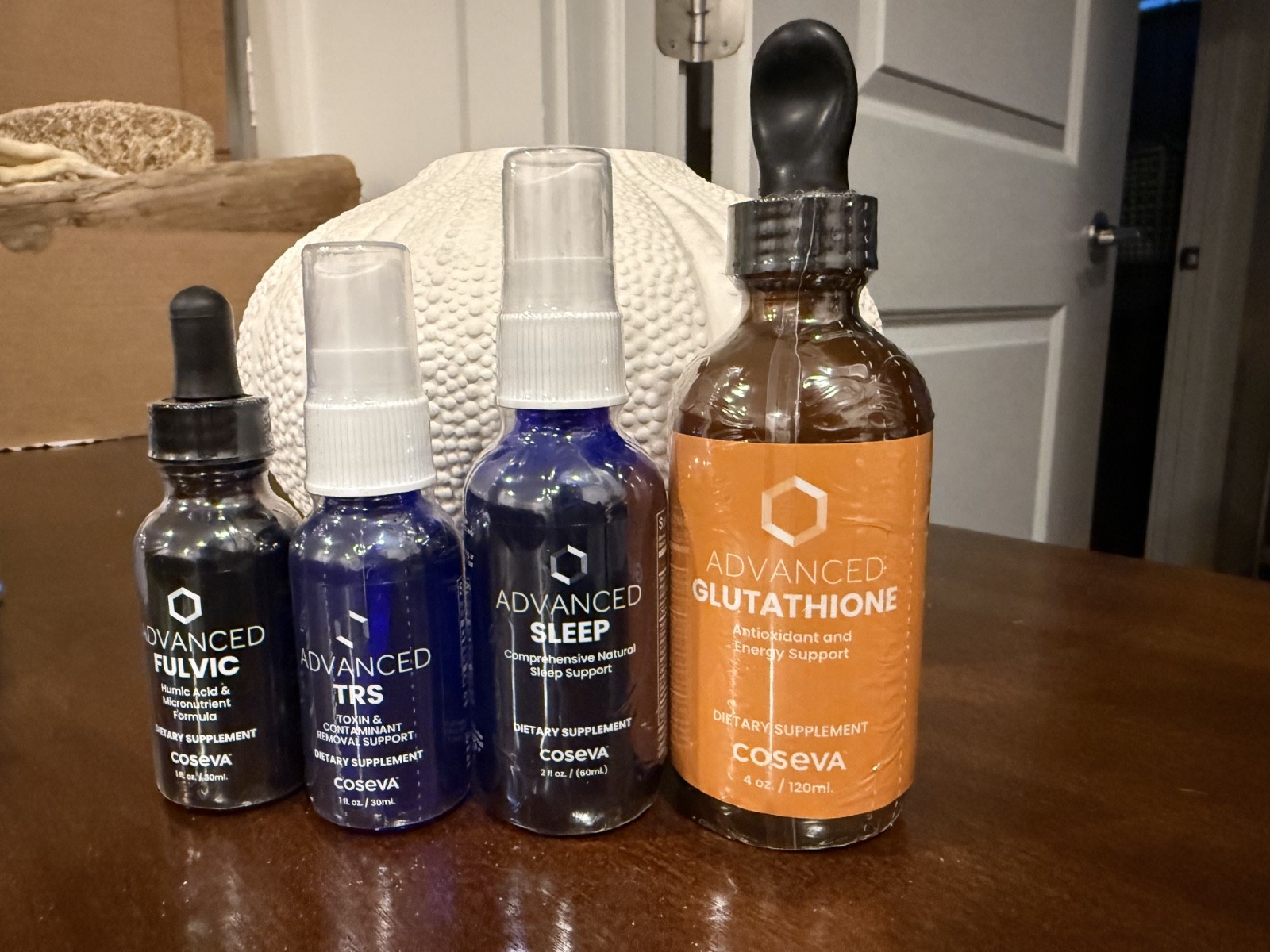 (4 Pack) Coseva Advanced TRS, Fulvic Glutathione & Sleep Brand New Glass Bottles