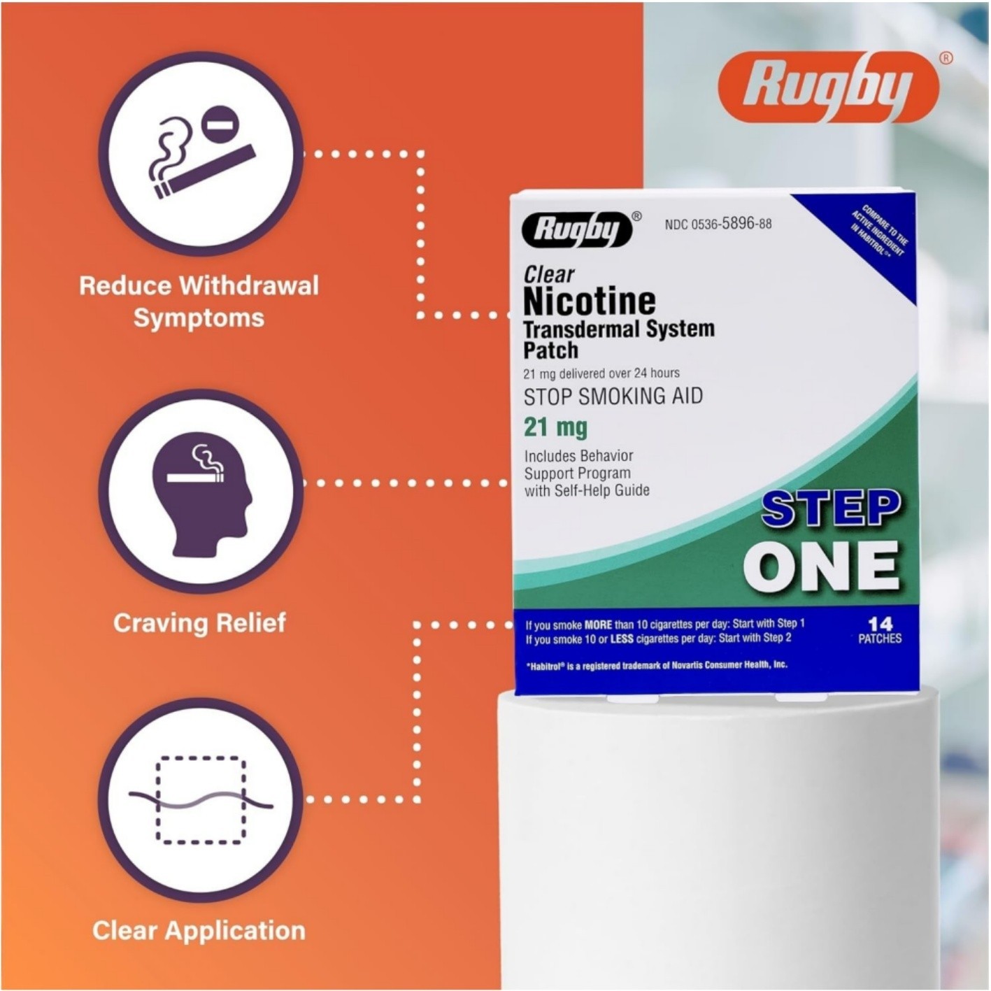Rugby Clear Nicotine 21mg Transdermal System Patch Step Exp 06/2028-2 PACK