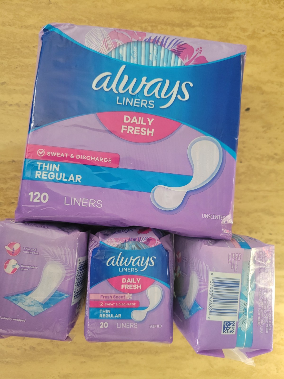 Always Daily Fresh Liners Thin Regular Scented Individually Wrapped White 120