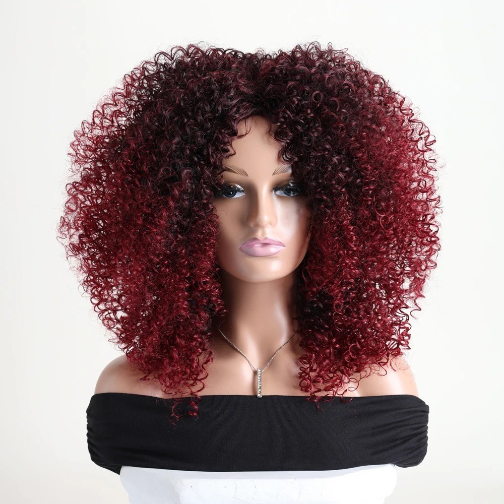 16 Inch Afro Kinky Curly Hair Wigs With Bangs Soft Fluffy Synthetic Fiber None