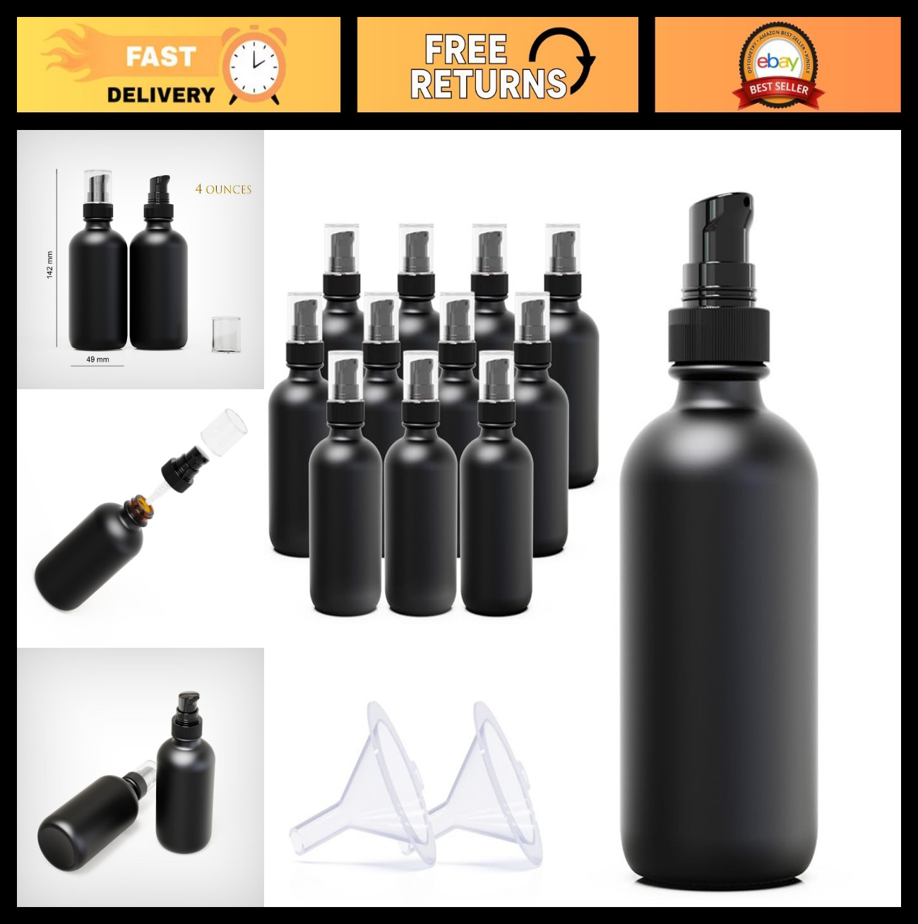 12-Pack 120ml Matte Black Glass Pump Bottles, Travel Size Refillable Dispensers