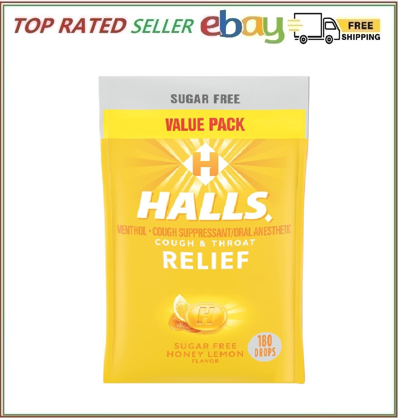 HALLS Relief Honey Lemon Sugar Free Cough Drops Value Pack 180 Drops