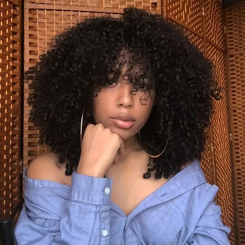 16 Inch Afro Kinky Curly Hair Wigs With Bangs Soft Fluffy Synthetic Fiber None