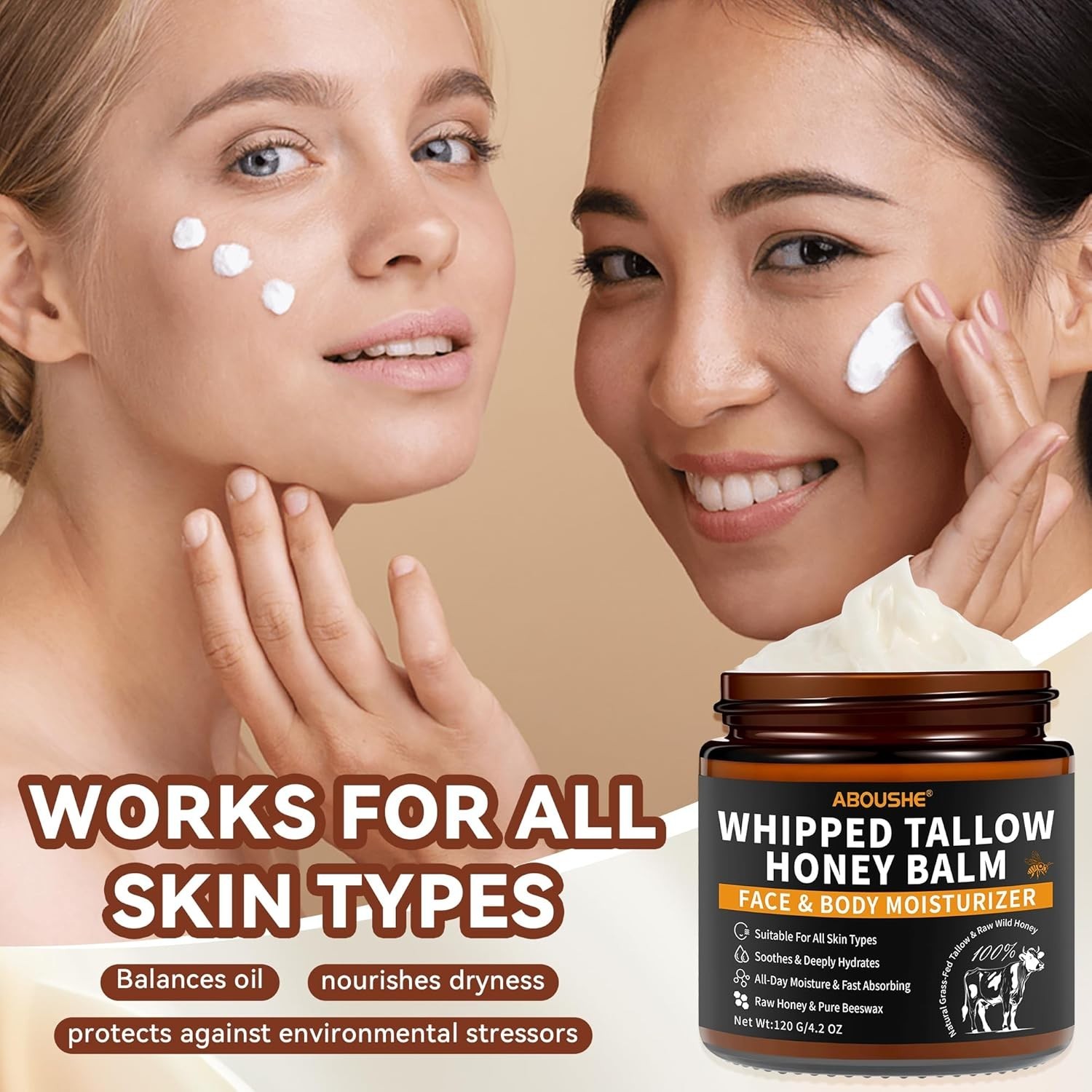 Organic Beef Tallow Honey Balm Face Body Moisturizer Unscented 4.2oz