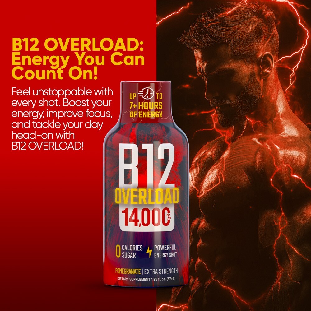 (48 Pack) GAQ B12 Overload Energy Shots, Pomegranate, Up to 7+ Hours of Energy