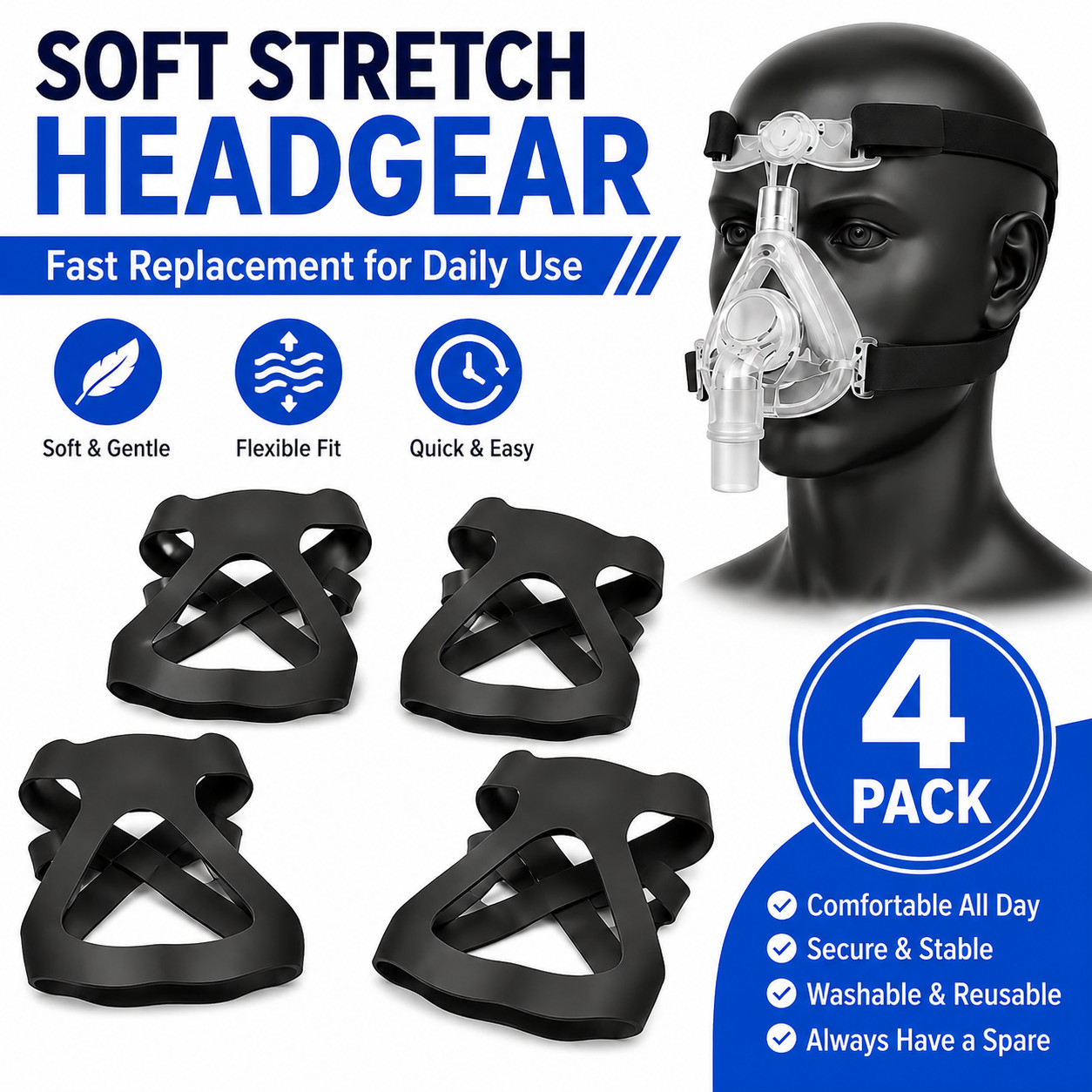 4 Pack CPAP Headgear Strap Replacement Soft Stretch Daily Backup Set