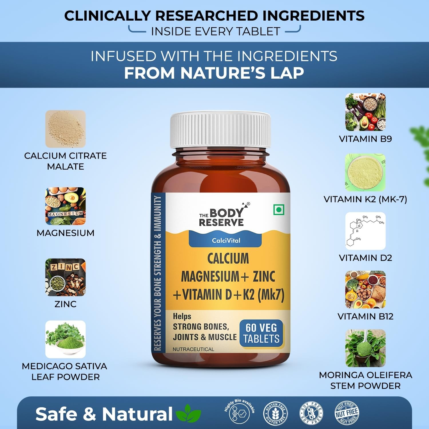 The Bo.dy Reserve Calcium K2 MK7 Zinc D2 B12 60 Tablets