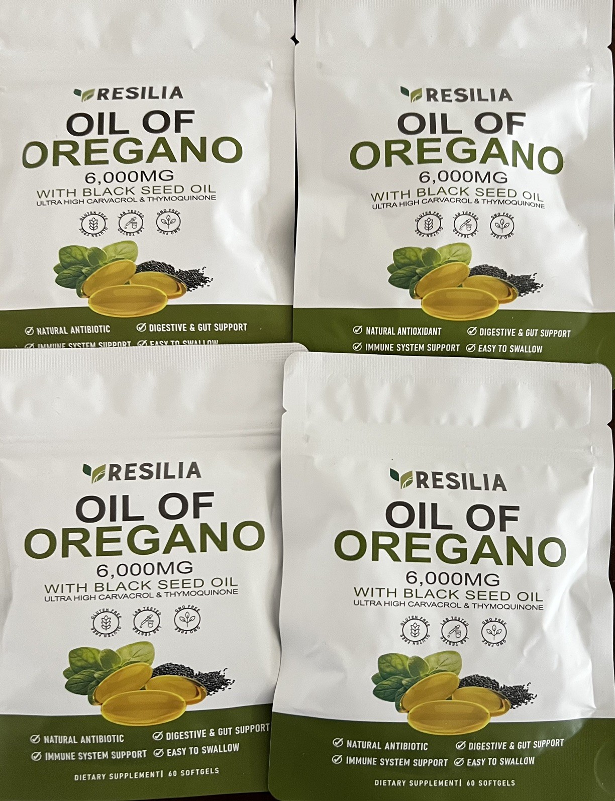 4 Sealed Resilia Oil Of Oregano 6,000 Mg, With Black Seed Oil, 60 Softgels Each