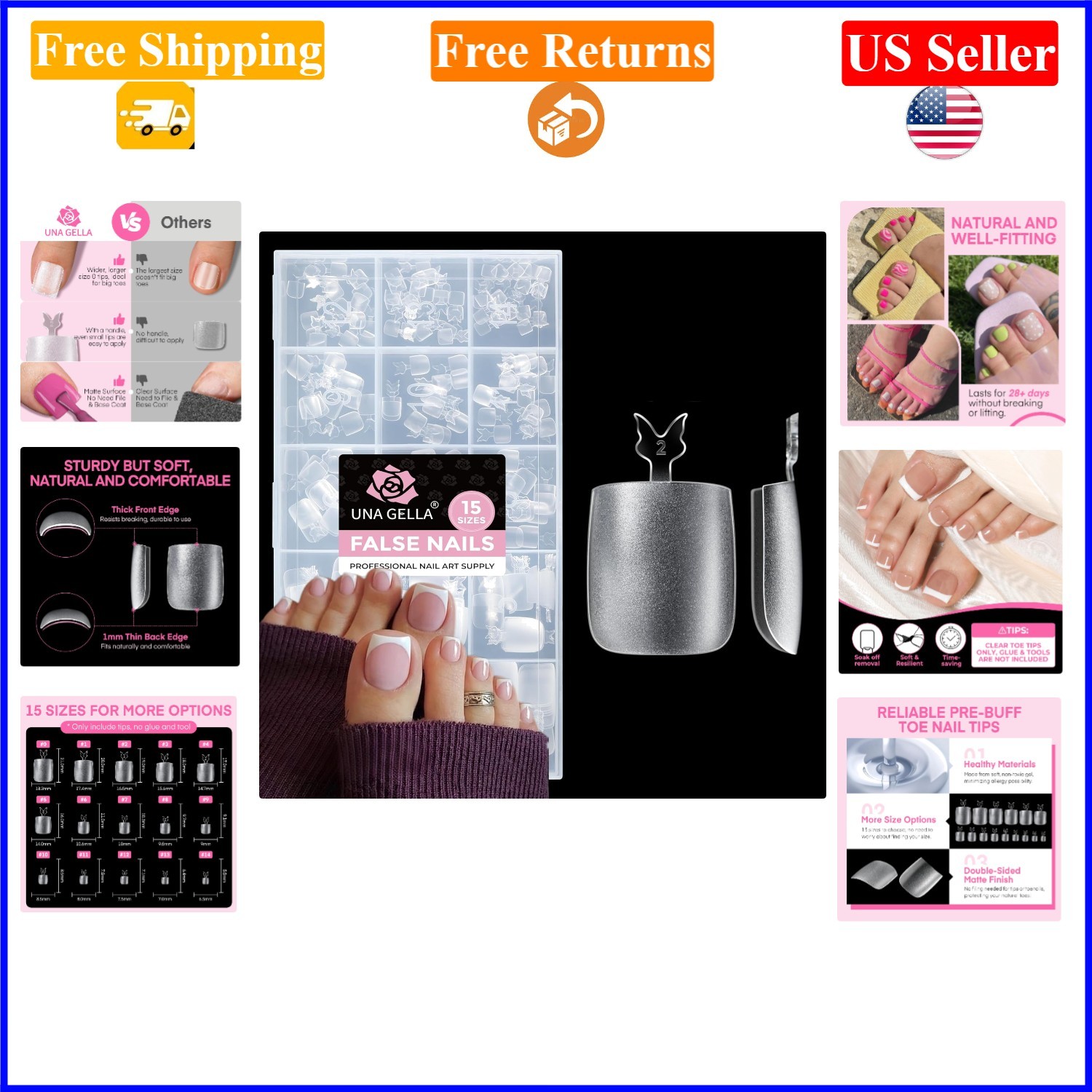 216 Pcs Square Toe Nail Tips, 15 Sizes, Full Cover, Matte Finish, Clear