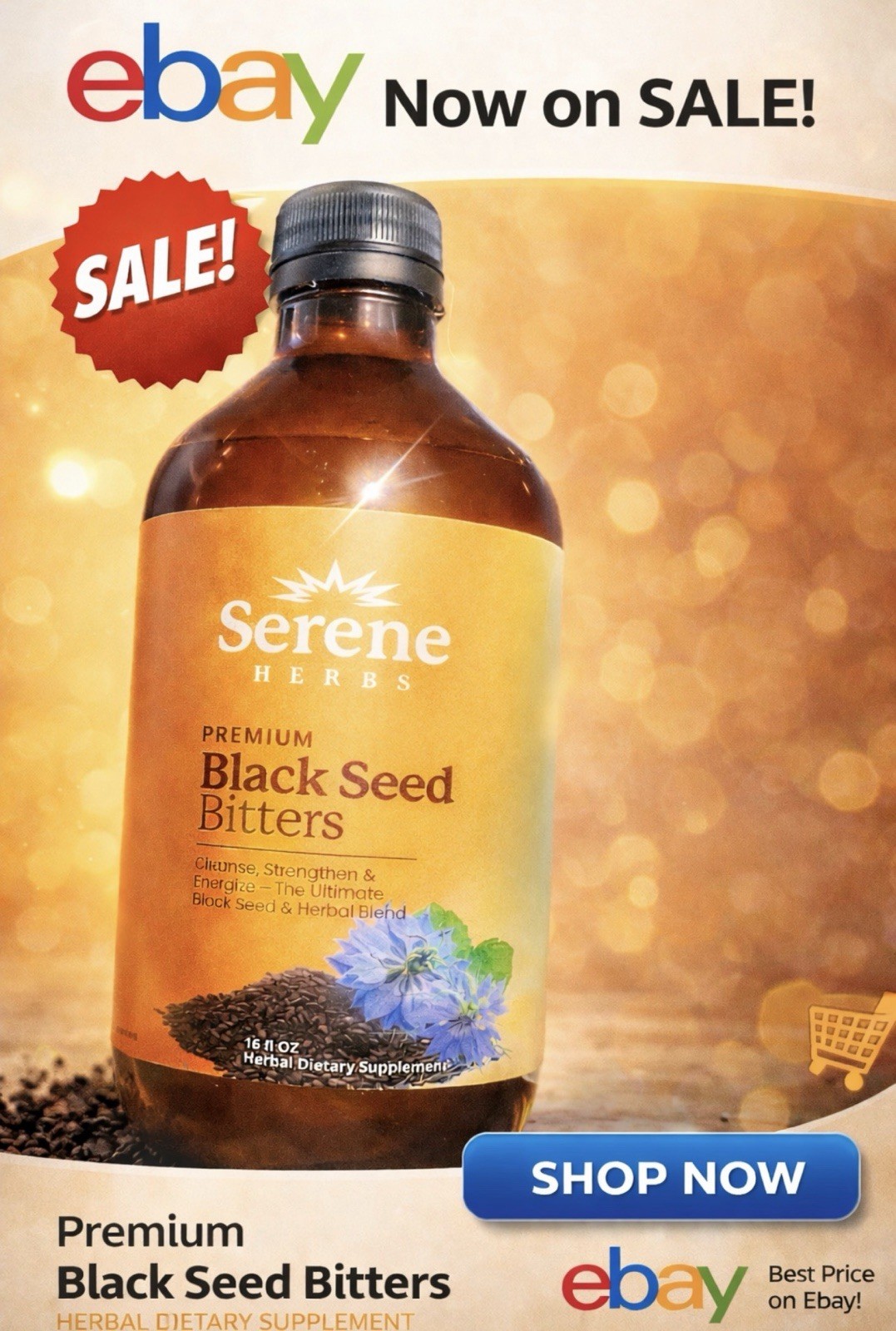 Serene Herbs Black Seed Bitters Liquid Herbal Blend Supplement 16 fl oz