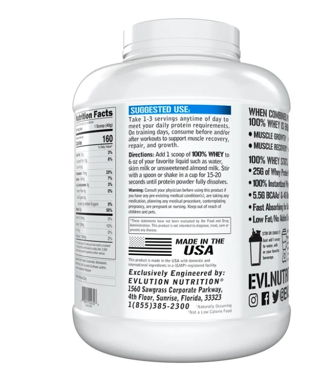 EVL 100% Whey Protein Vanilla 5LB 25g Protein Gluten Free
