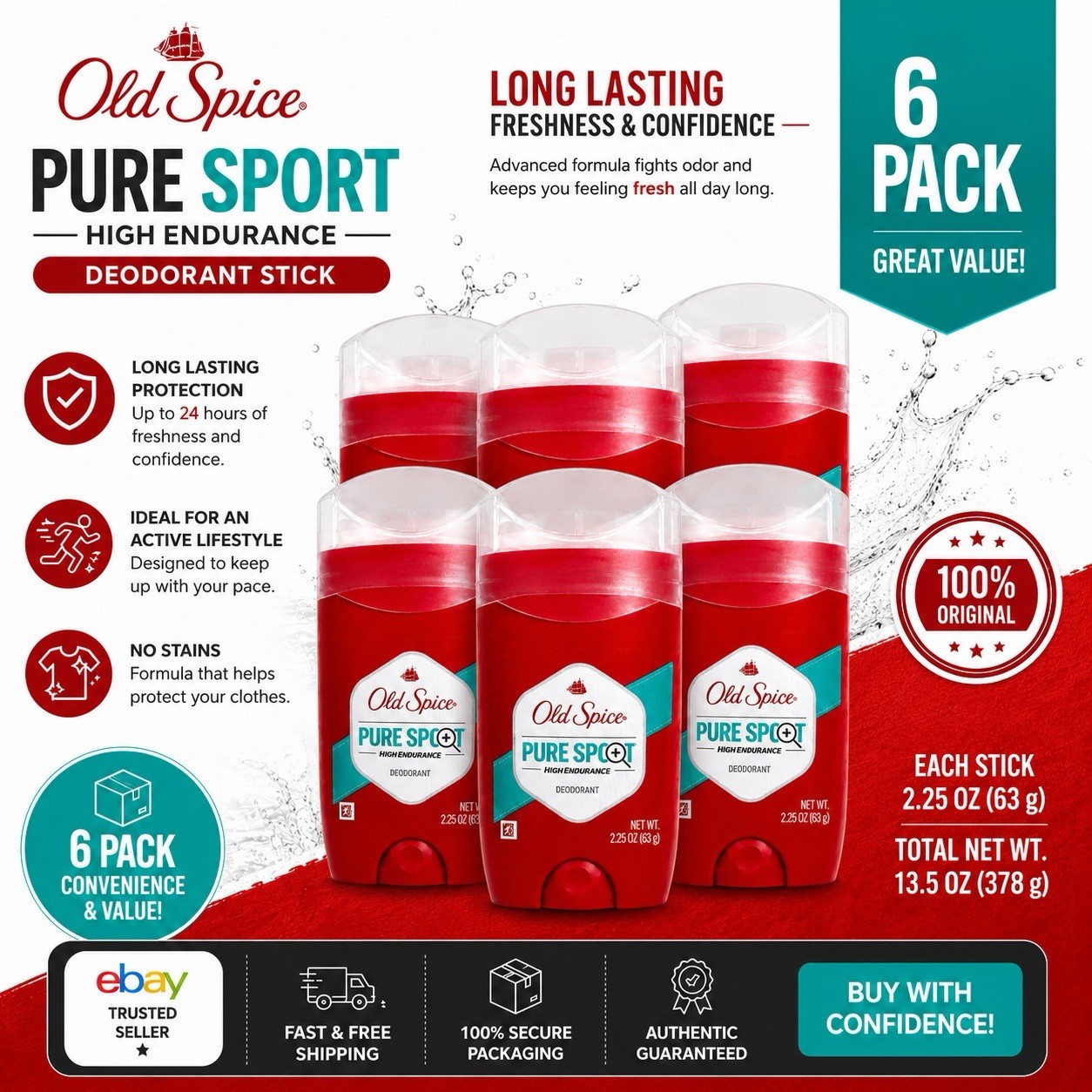 6 PACK Old Spice Mens Deodorant High Endurance Pure Sport Aluminum Free – 3 oz