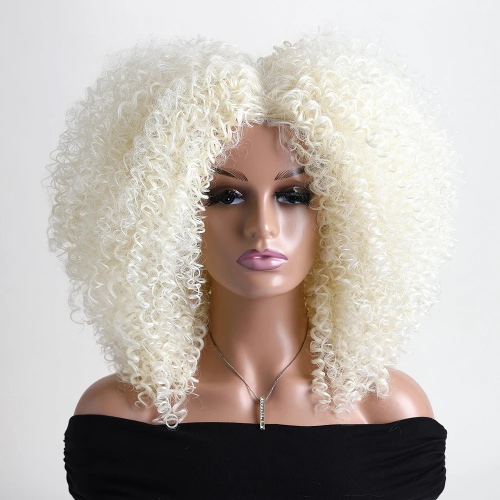 16 Inch Afro Kinky Curly Hair Wigs With Bangs Soft Fluffy Synthetic Fiber None