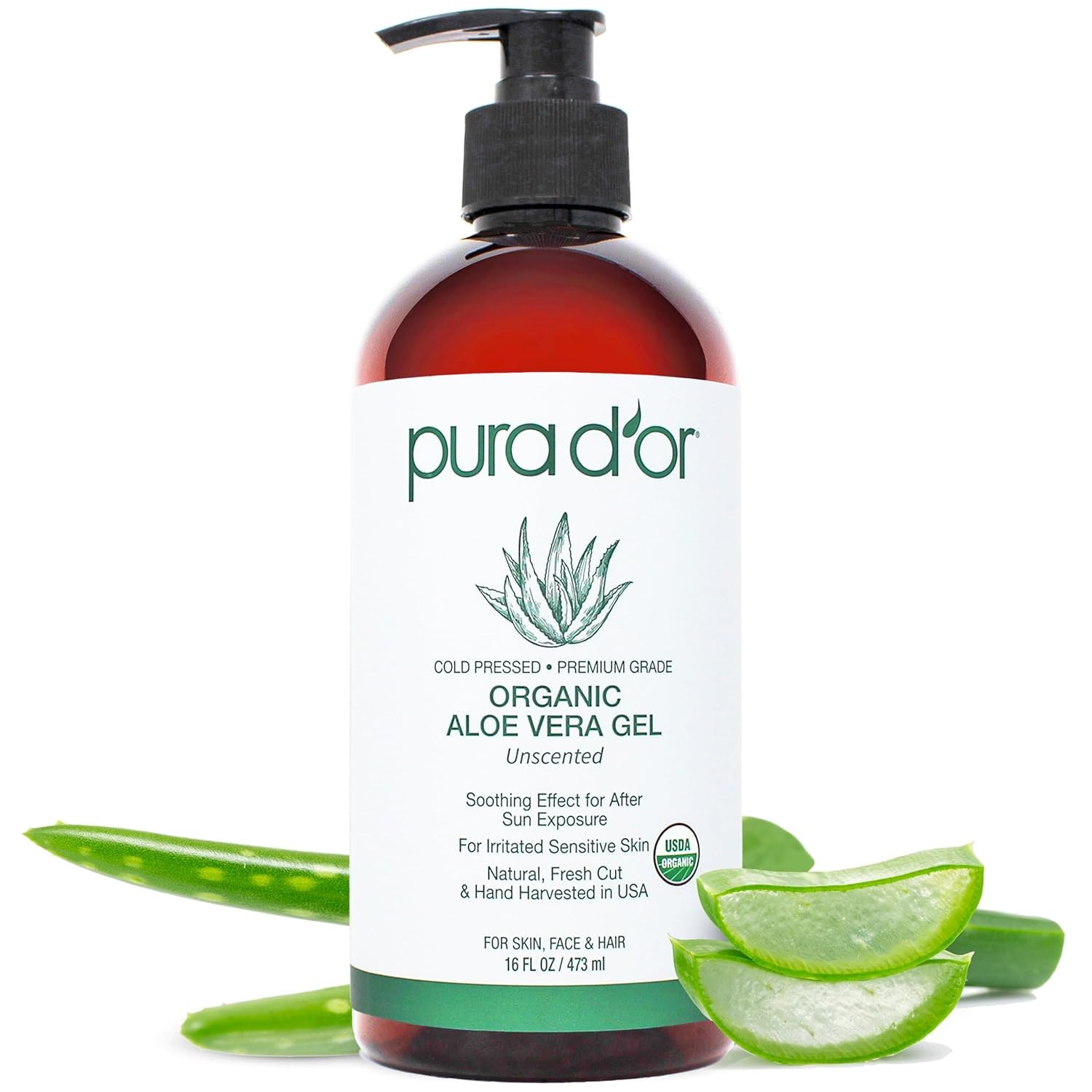 Organic Aloe Vera Gel 16oz PURA D’OR Unscented Hydrating Skin Care