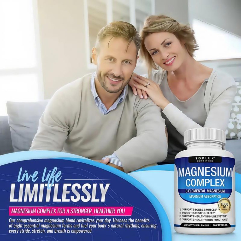 1-3Pack Toplux Nutrition Magnesium Complex 1000mg Supports 8 Elemental Magnesium
