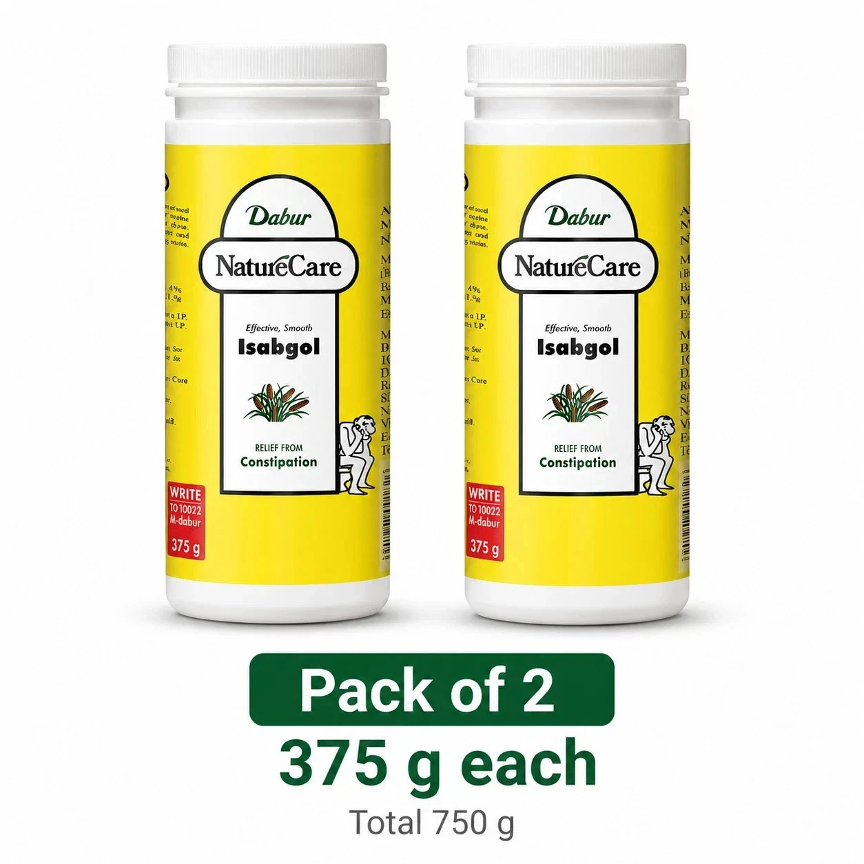 2 Bottles of Dabur Nature Care Isabgol 375gm Each Pure Herbal Exp 2028