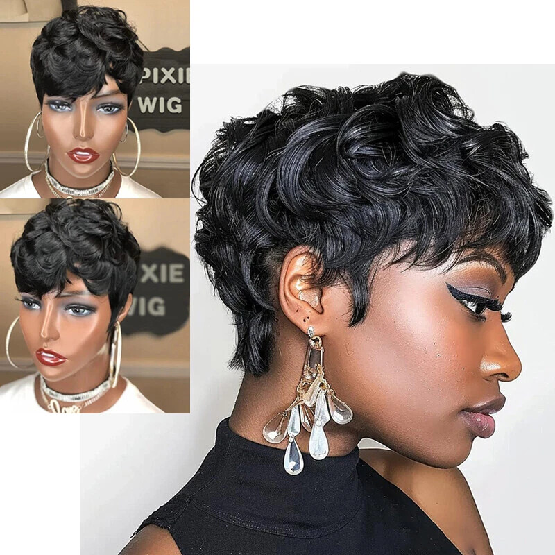 Short Curly Layered Pixie Cut Wigs for Women Human Hair Wave Wigs None Lace USA