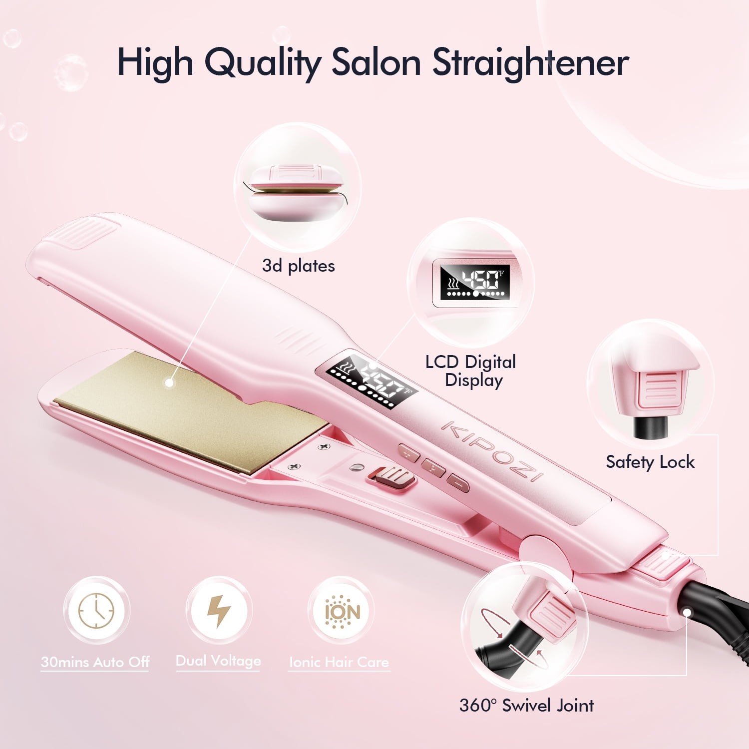 KIPOZI Negative Hair Straightener Ion Flat Iron 1.75″ Wide LCD Digital Display
