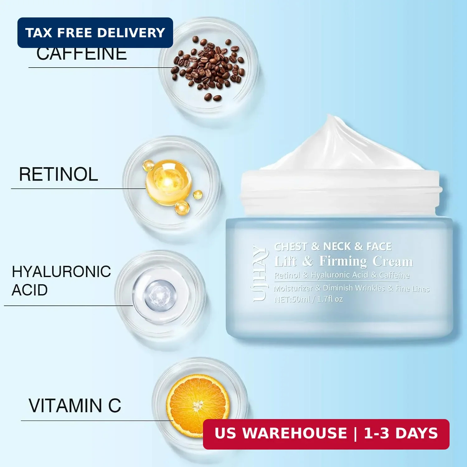 UJhay Retinol Neck Cream, Hyaluronic Acid and Caffeine Enriched Neck Firming Cre