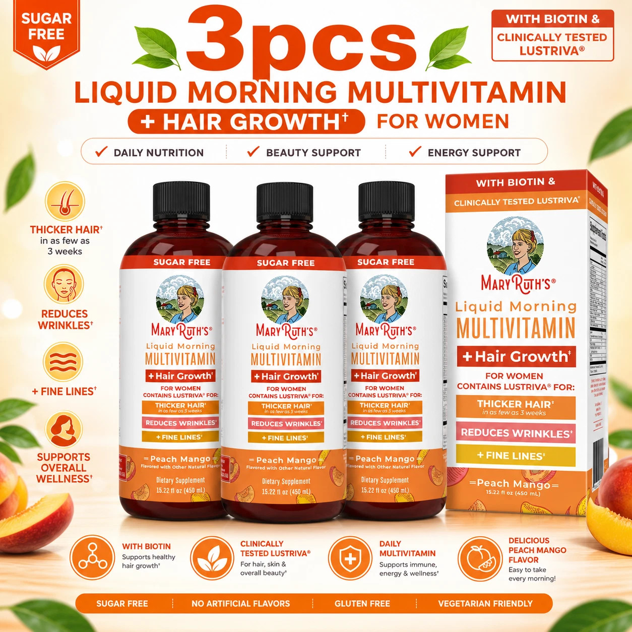 3PACK Mary Ruth’s Liquid Morning Multivitamin + Hair Growth – Peach Mango