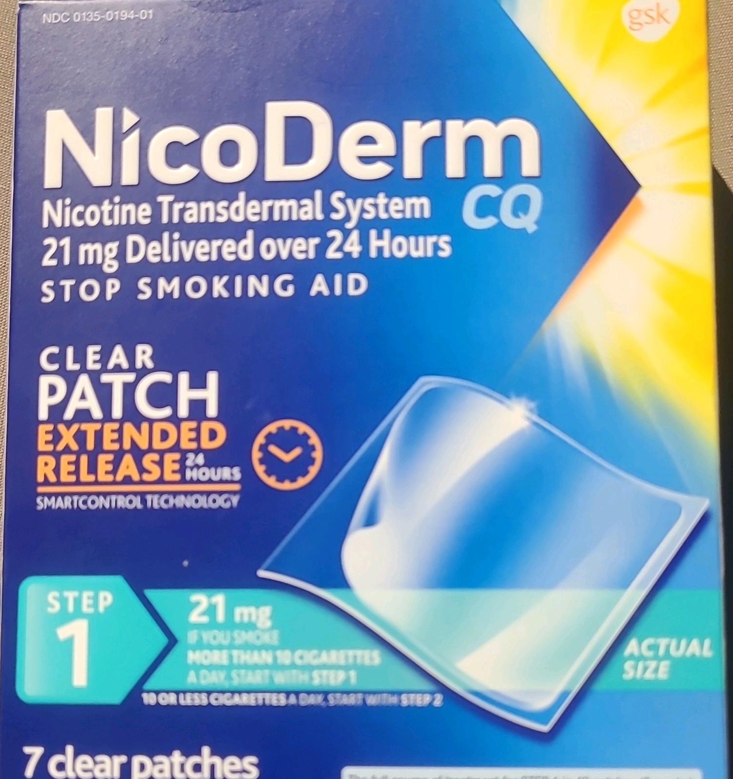 NicoDerm CQ Nicotine Patches 21 mg, Step 1 – 7 Ct NEW EXP 07/28