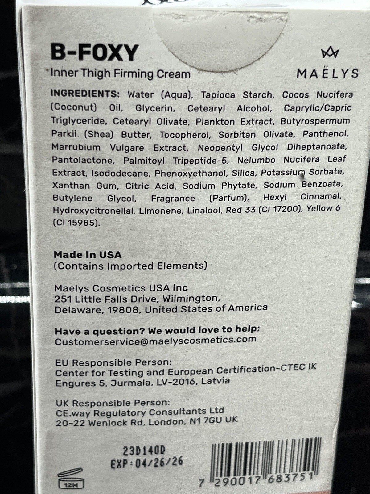 Maelys B-Foxy Inner Thigh firming cream 3.38oz NEW (In BOX)