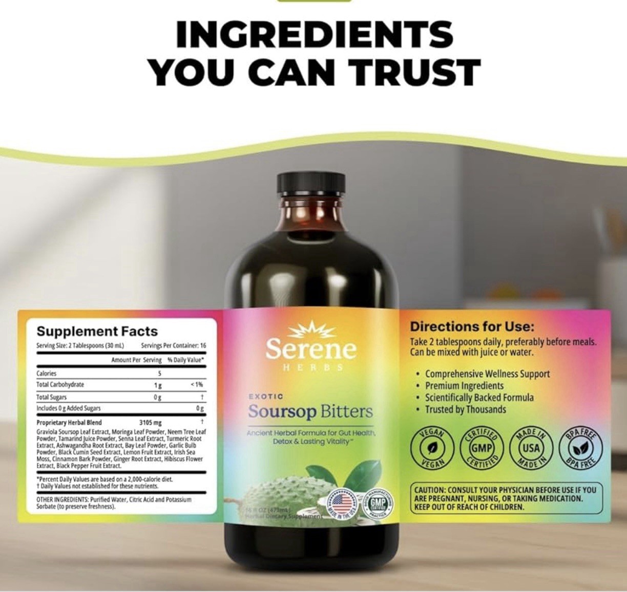 Serene Herb Exotic Soursop Bitters Liquid Gut Health Detox Lasting Vitality 16oz