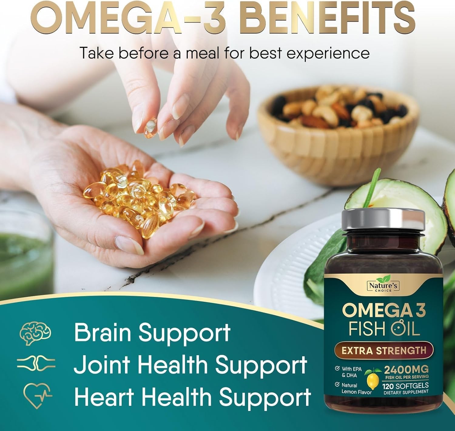 Triple Strength Omega 3 Fish Oil Supplement 2400 mg – EPA & DHA Fish Oil Omega 3