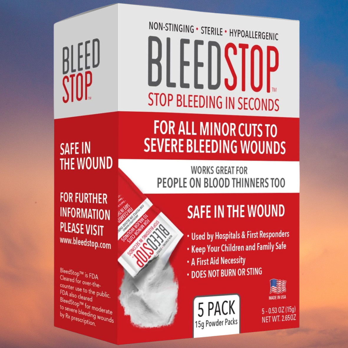 BleedStop™ First Aid Powder for Blood Clotting, Trauma Kit – 5 PK (15g) Pouches