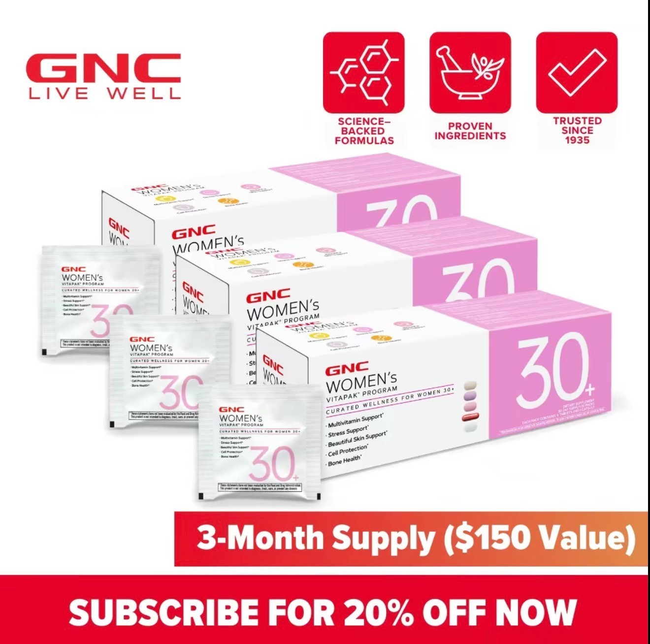 2 pcs GNC Womens Vitapak 30+ Daily All-in-One Nutrition Pack Bone & Cell Support
