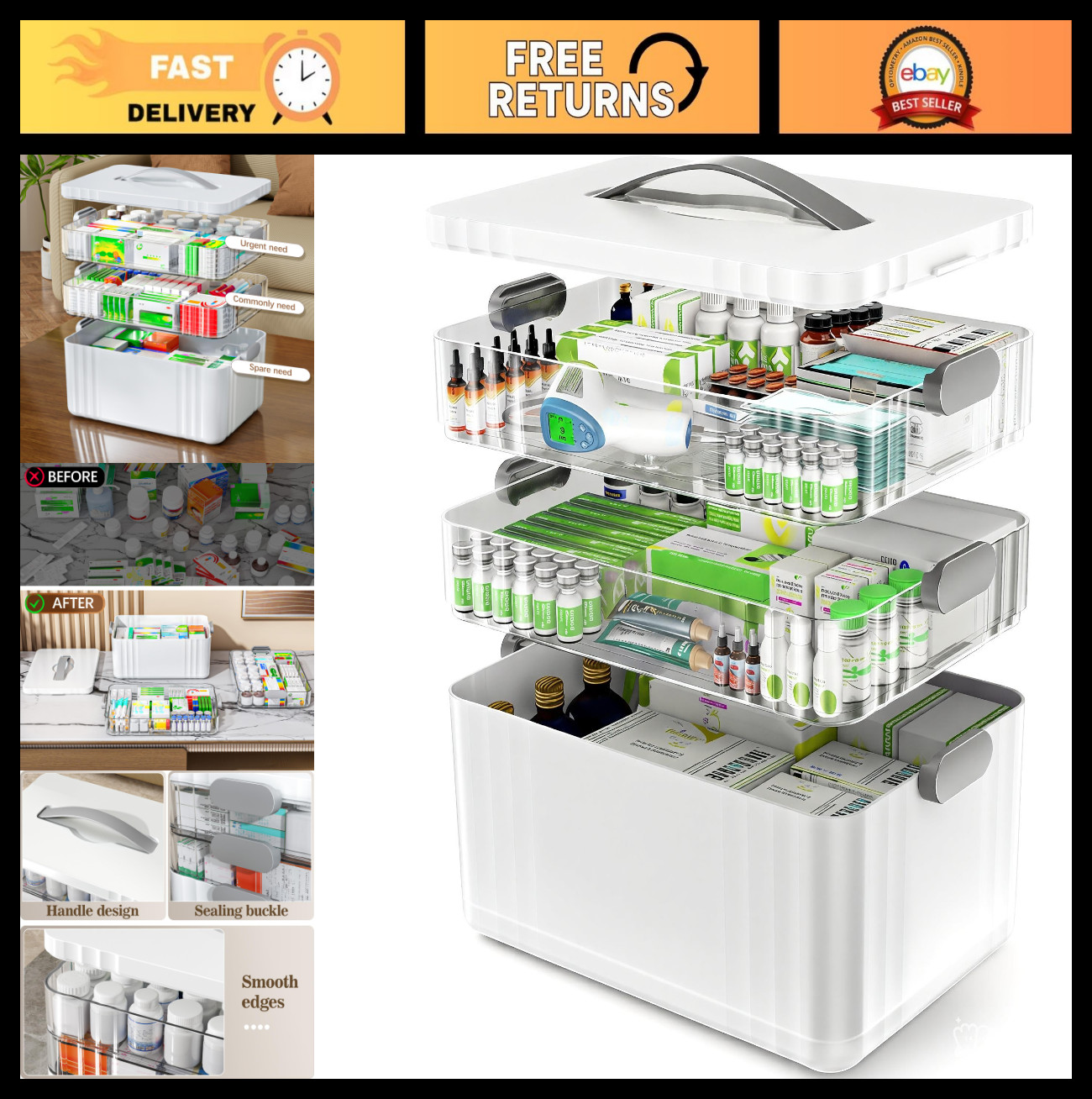 3-Tier Portable Medicine Organizer – Multi-Purpose Pill Box & First Aid Kit
